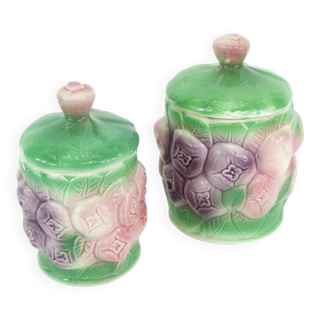 2 ceramic slip pots - pastel floral decor - vintage 80s