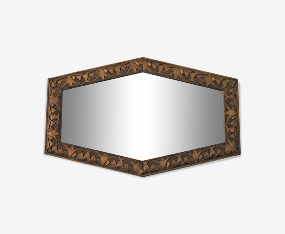 Miroir ancien hexagonal patiné bois et stuc doré style art déco