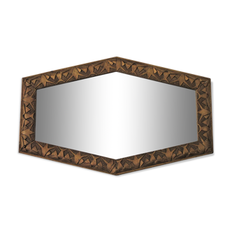 Old hexagonal mirror patinated wood and gilded stucco art deco style