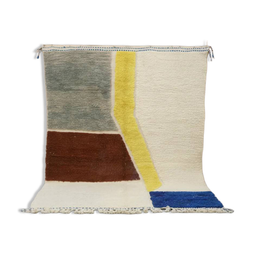 Large Azilal rug 295×210 cm – Contemporary Moroccan rug in ivory wool, blue, ochre & earth tones, GO-982