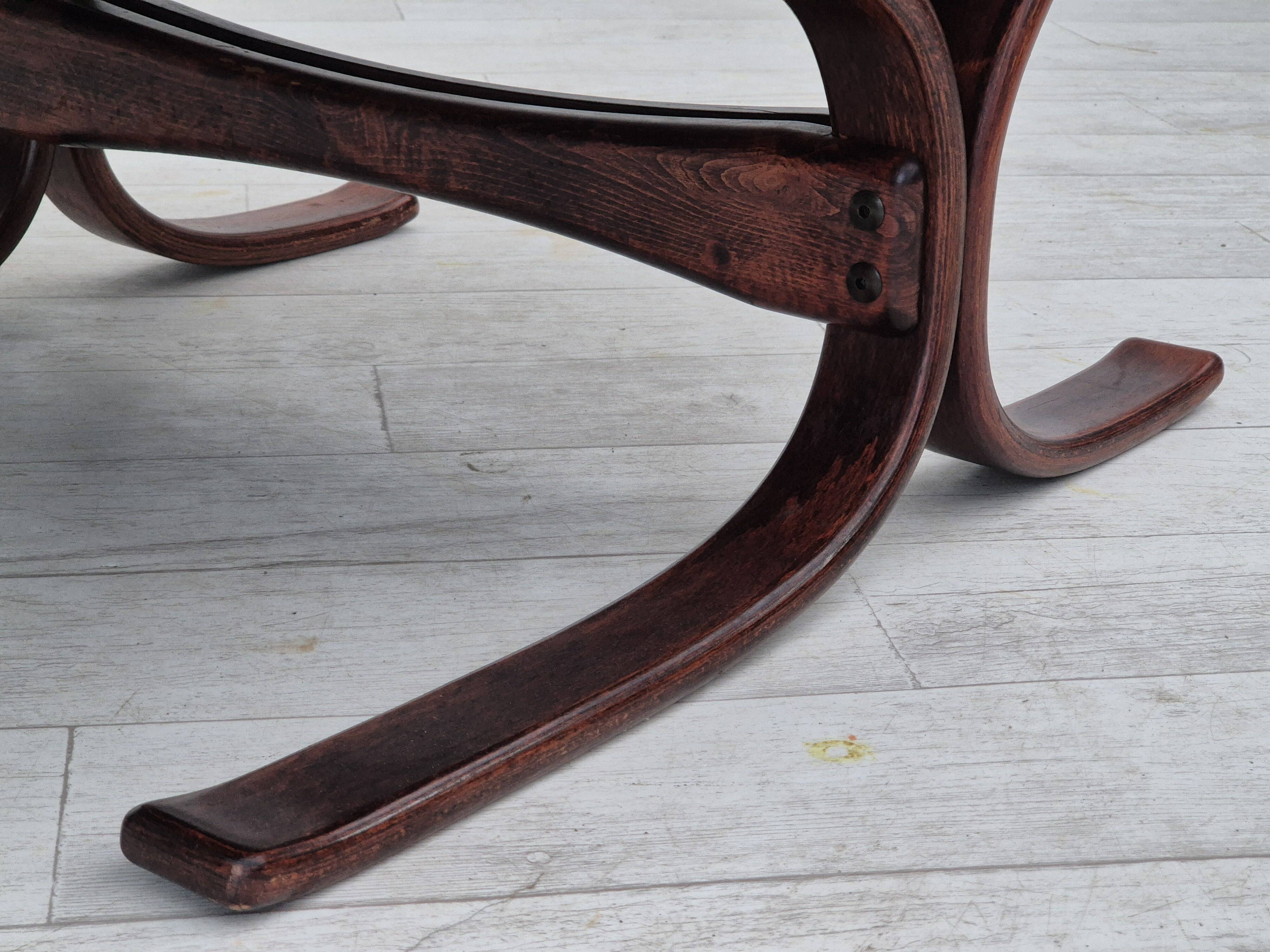 1970s, Scandinavian armchair, original condition, furniture leather, bent wood, canvas.