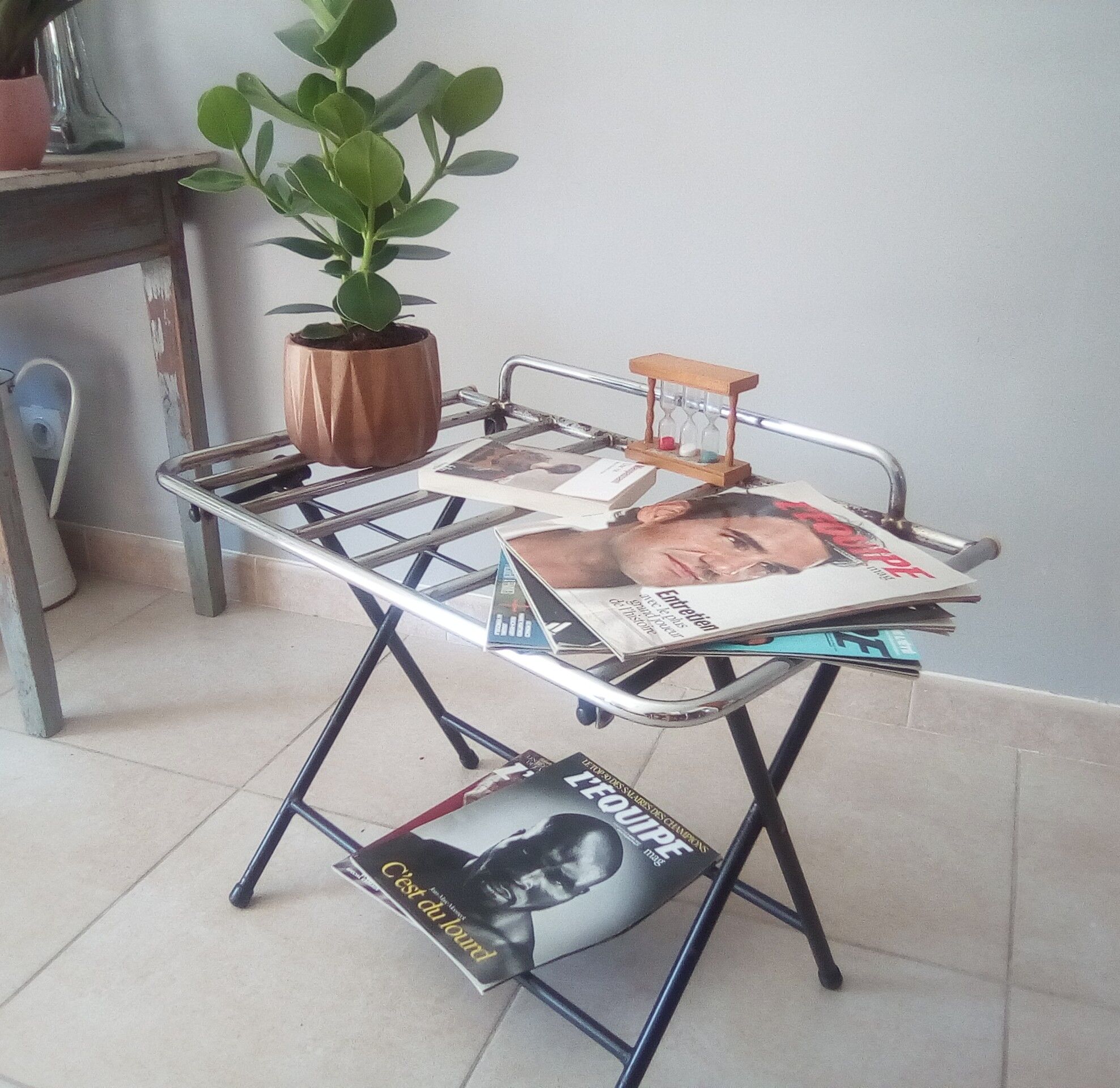 Side table, vintage suitcase carrier