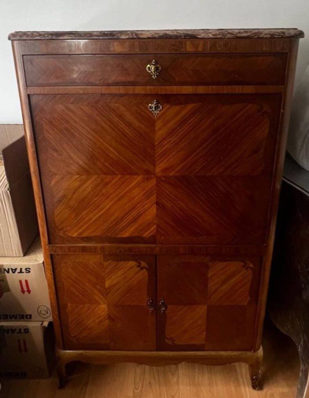 Louis XVI style secretary in marquetry, marble and bronze, 19th/20th century.