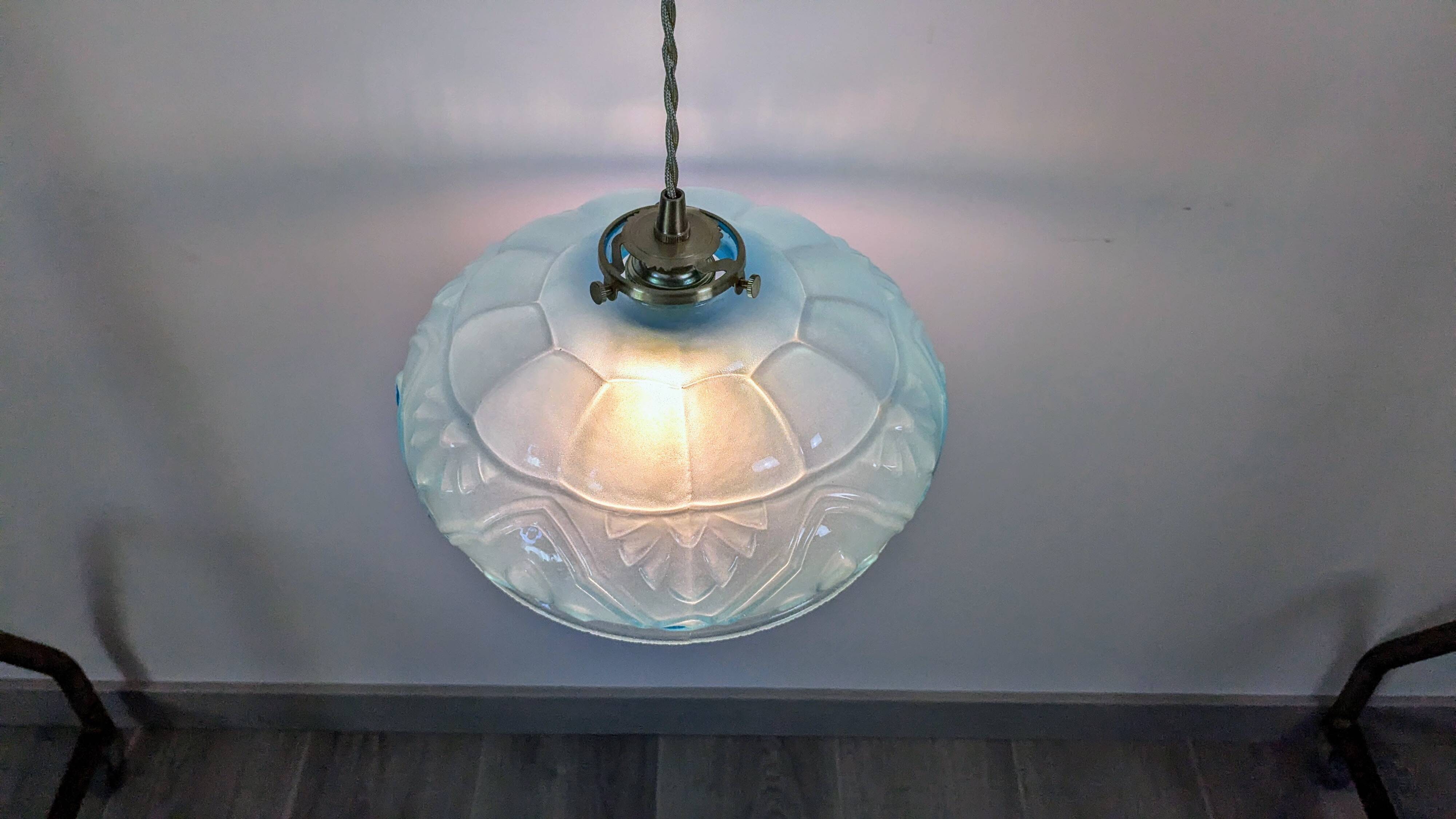 Art Deco pendant light in blue glass and brass