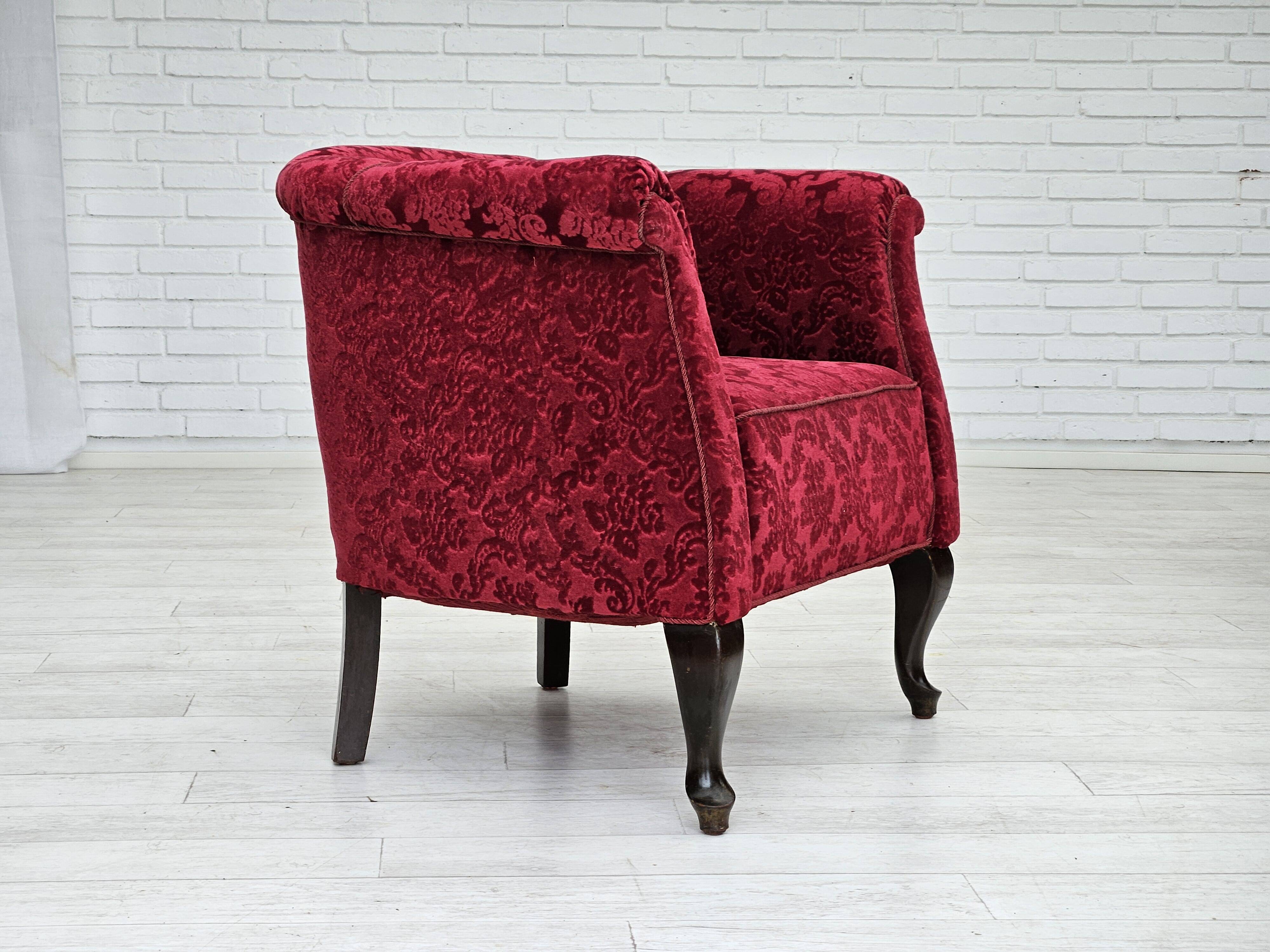 1950s, pair of two Danish lounge chairs, red cotton/wool fabric, beech wood.