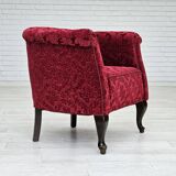 1950s, pair of two Danish lounge chairs, red cotton/wool fabric, beech wood.