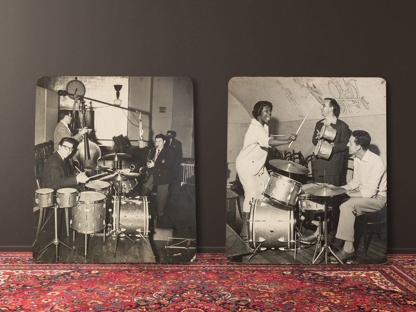 Jazz Band, 1940s b/w images on heavy wooden panels, 85 x 99 cm