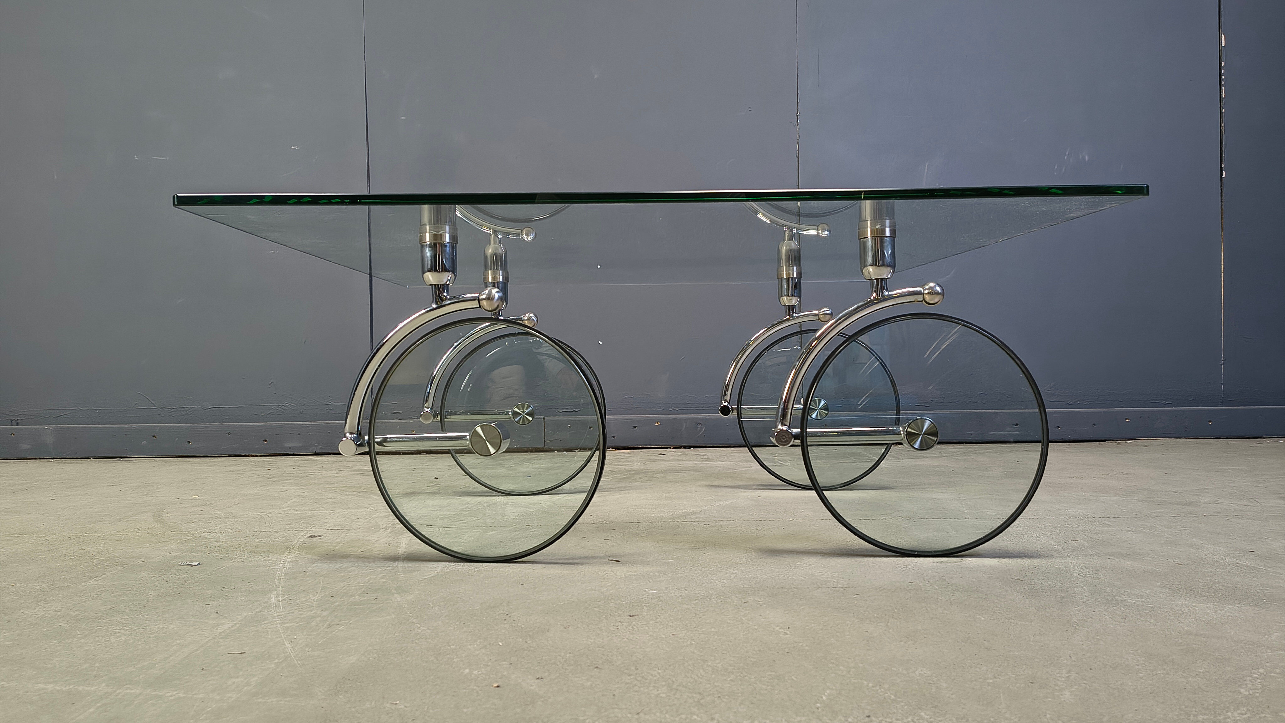 Glass coffee table with wheels, 1980s