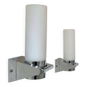 Pair of vintage chrome and opaline glass wall lights, France 1980