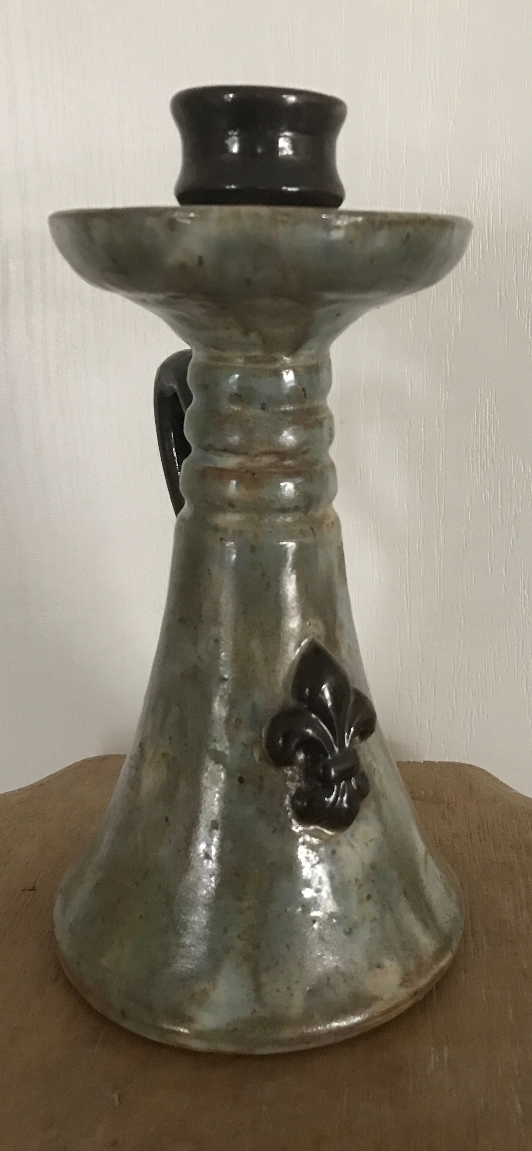 Candle holder old sandstone blue glazed bouffioulx signed dubois décor de lys