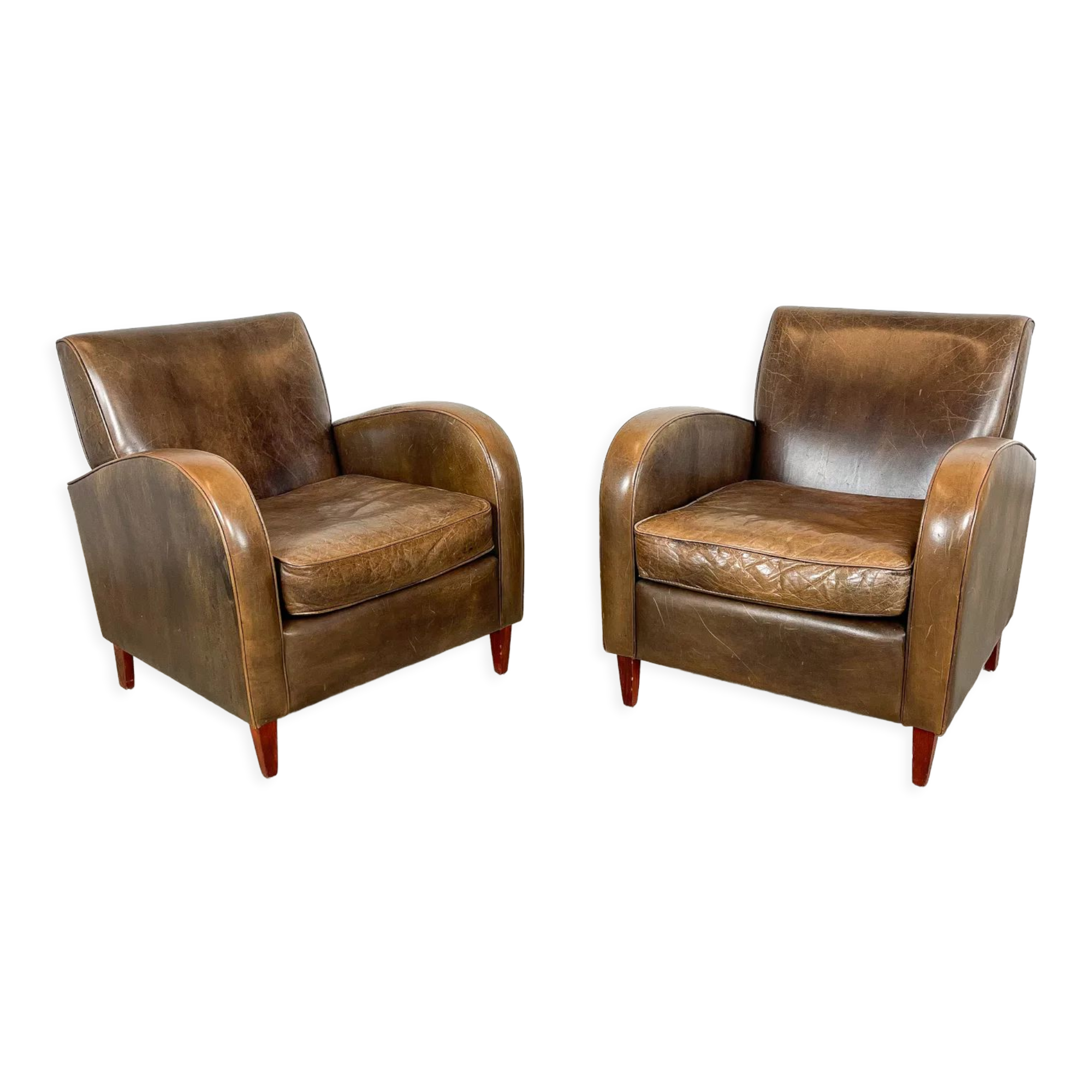 Set of two vintage leather wagon wheel armchairs Haarle