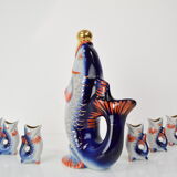 Fish decanter soviet drinking set porcelain fish carafe shots glass,1950's.