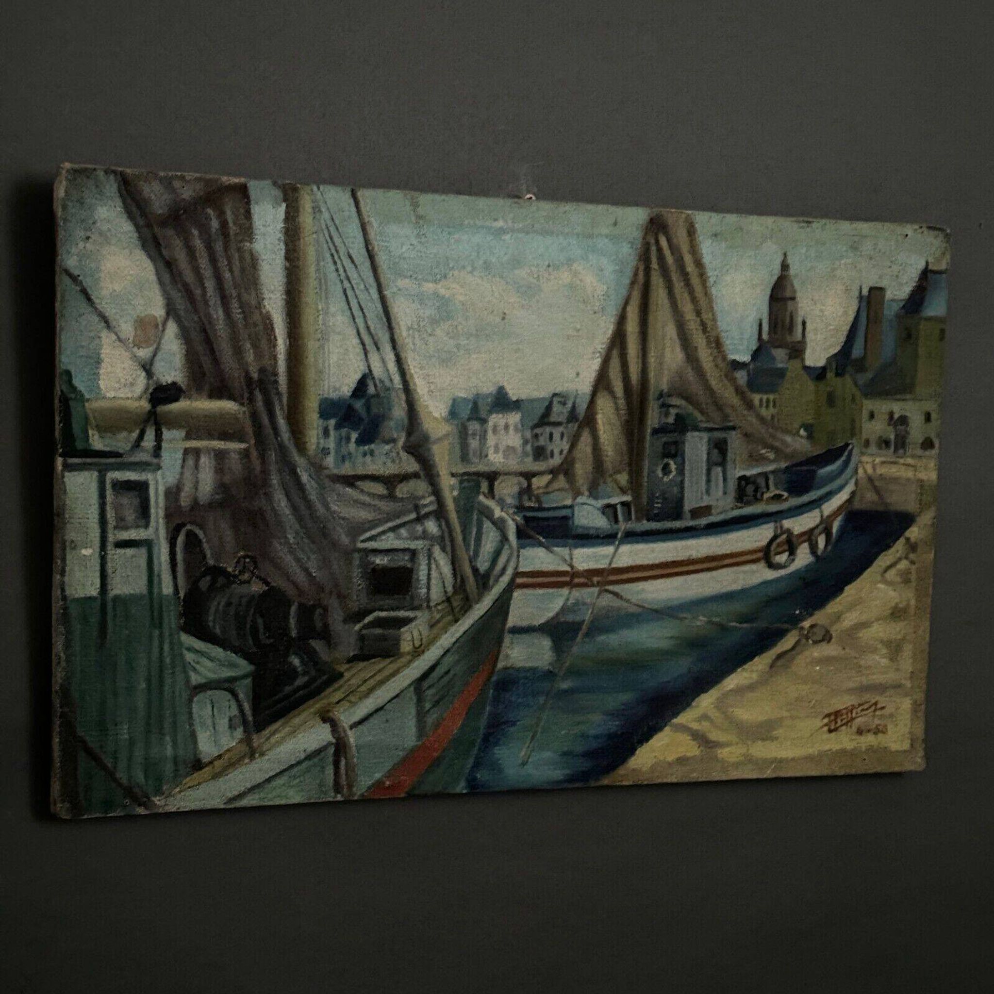 Oil on canvas fishing boats at the quayside 1956