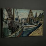 Oil on canvas fishing boats at the quayside 1956