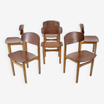 1960s Set of 6 Børge Mogensen Model 122 Oak and Teak Dining Chairs for Søborg Møbelfabric, Denmark