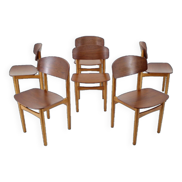 1960s Set of 6 Børge Mogensen Model 122 Oak and Teak Dining Chairs for Søborg Møbelfabric, Denmark