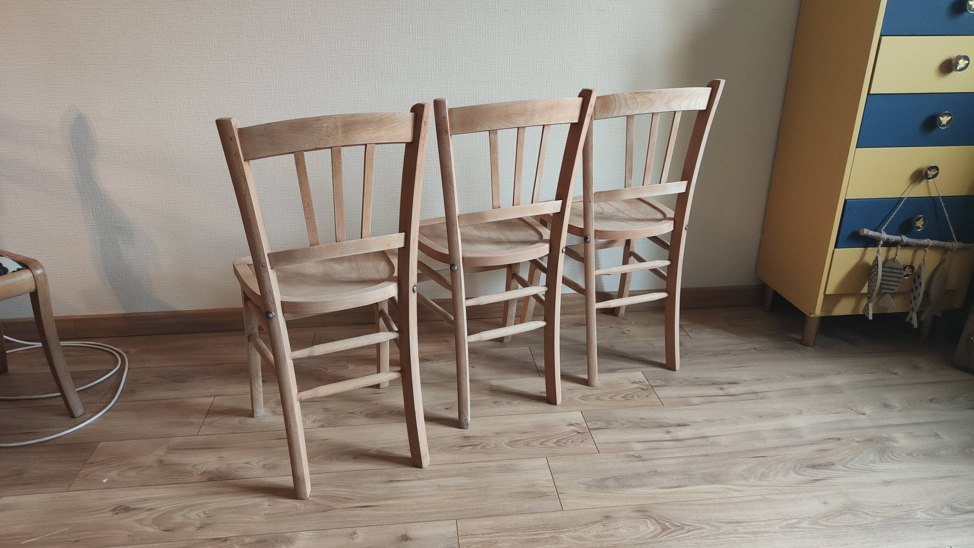 Set of 3 vintage bistro chairs in raw wood (Beech) - Luterma / Ba style