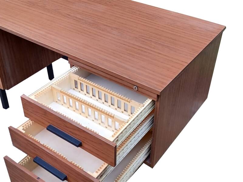 Modernist desk with double drawers in formica and metal, 1960.
