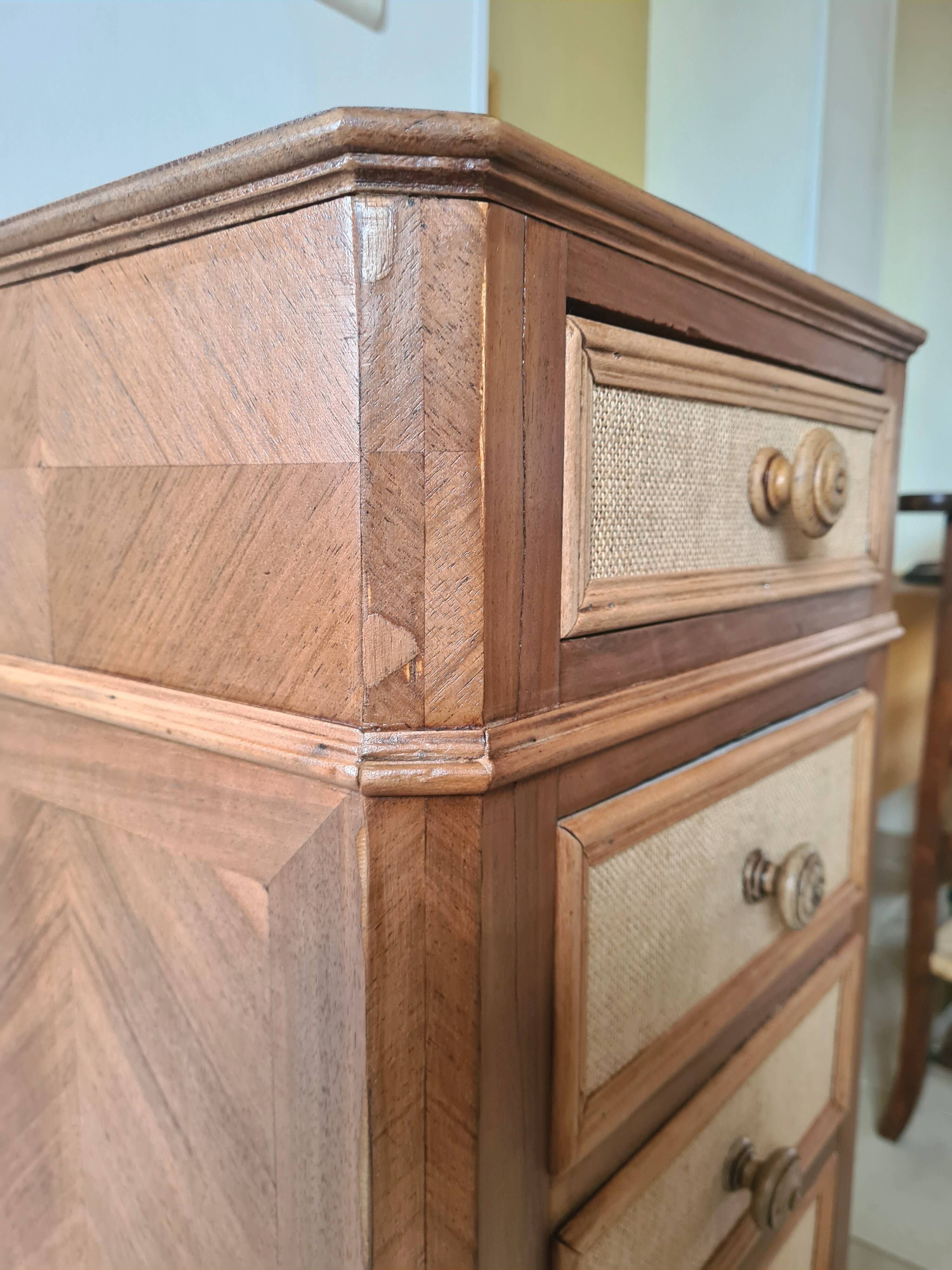 Nightstand in walnut and jute fabric, 1900