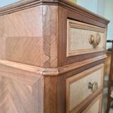 Walnut and burlap bedside table, 1900