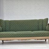Canapé danois 3 places des années 1950, tissu en laine d'ameublement vert/beige, bois de chêne.