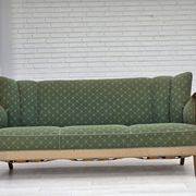 1950s, Danish 3-seater sofa, green/beige furniture wool fabric, oak wood.