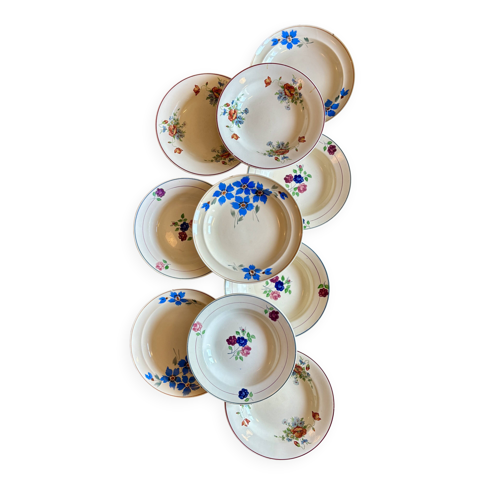 Set of 10 mismatched vintage soup plates