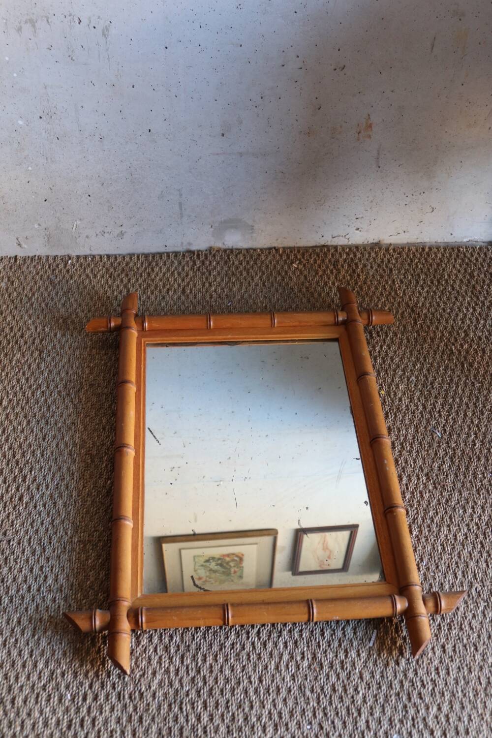 Antique cross mirror, turned wood, bamboo style