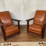 PAIR OF BRUTALIST ARMCHAIRS IN TEAK AND VINTAGE COGNAC LEATHER FROM THE 1950S