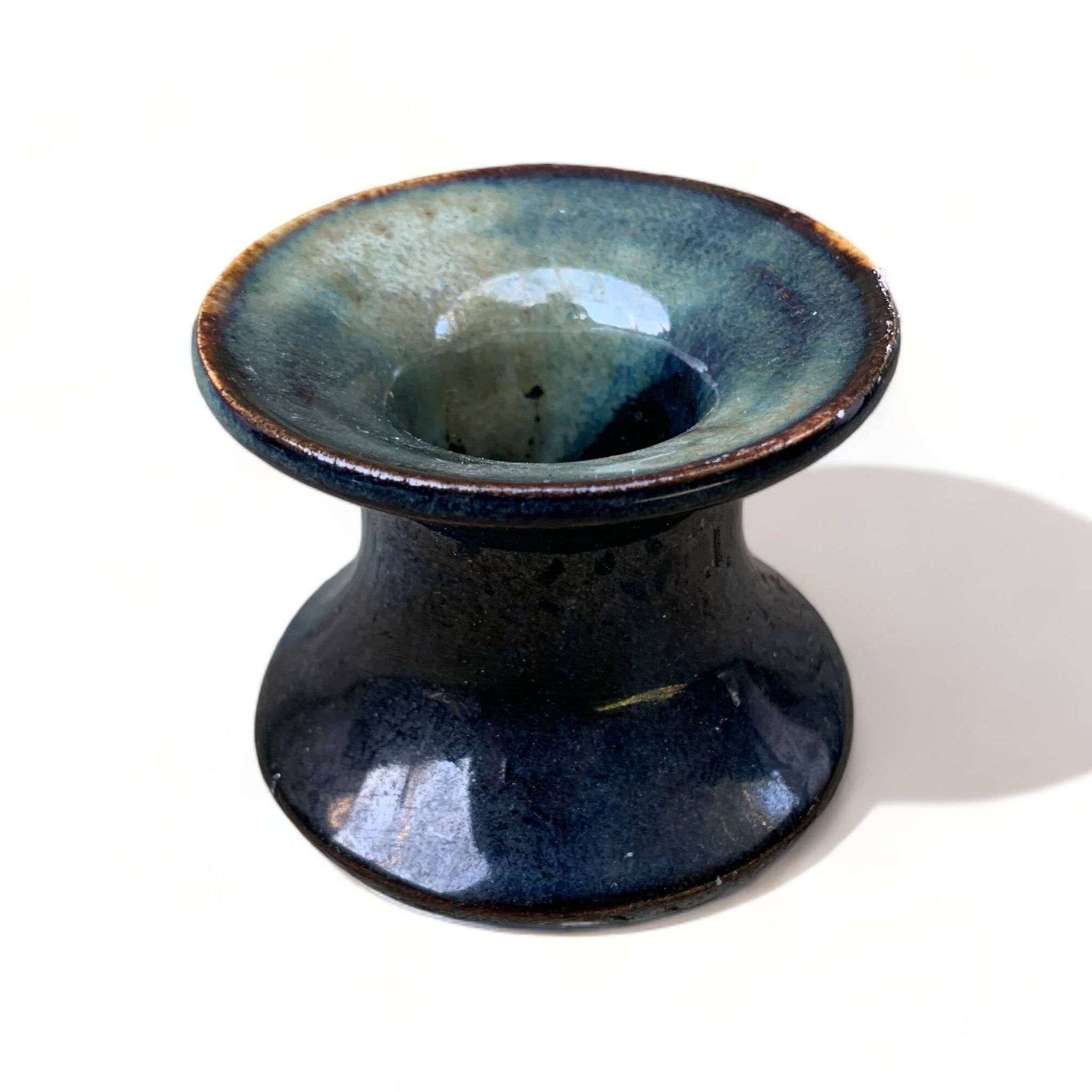 Small 6cm candle holder signed MY enameled ceramic art from France vintage old