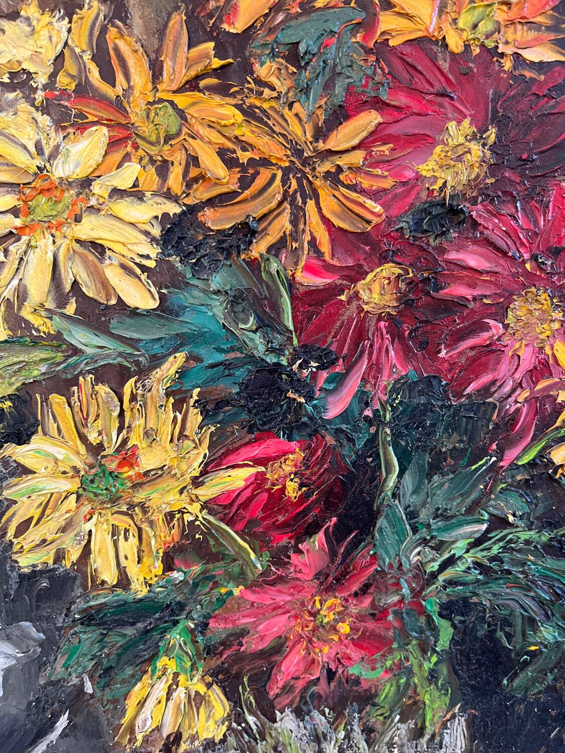 Bouquet avec plateau et bougeoir, technique couteau sur panneau bois