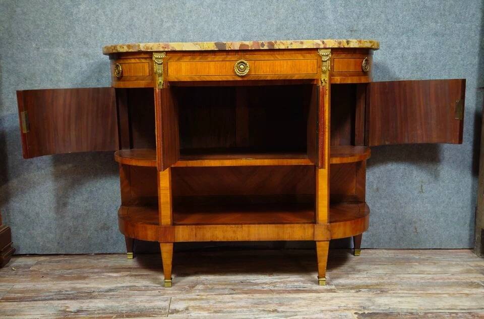 Commode / Half-moon sideboard inlaid – Marble top – Louis XVI style -