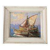 Oil painting on Isorel of marine fishing boats signed Fortuné Car (1905 -