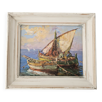 Oil painting on Isorel of marine fishing boats signed Fortuné Car (1905 -