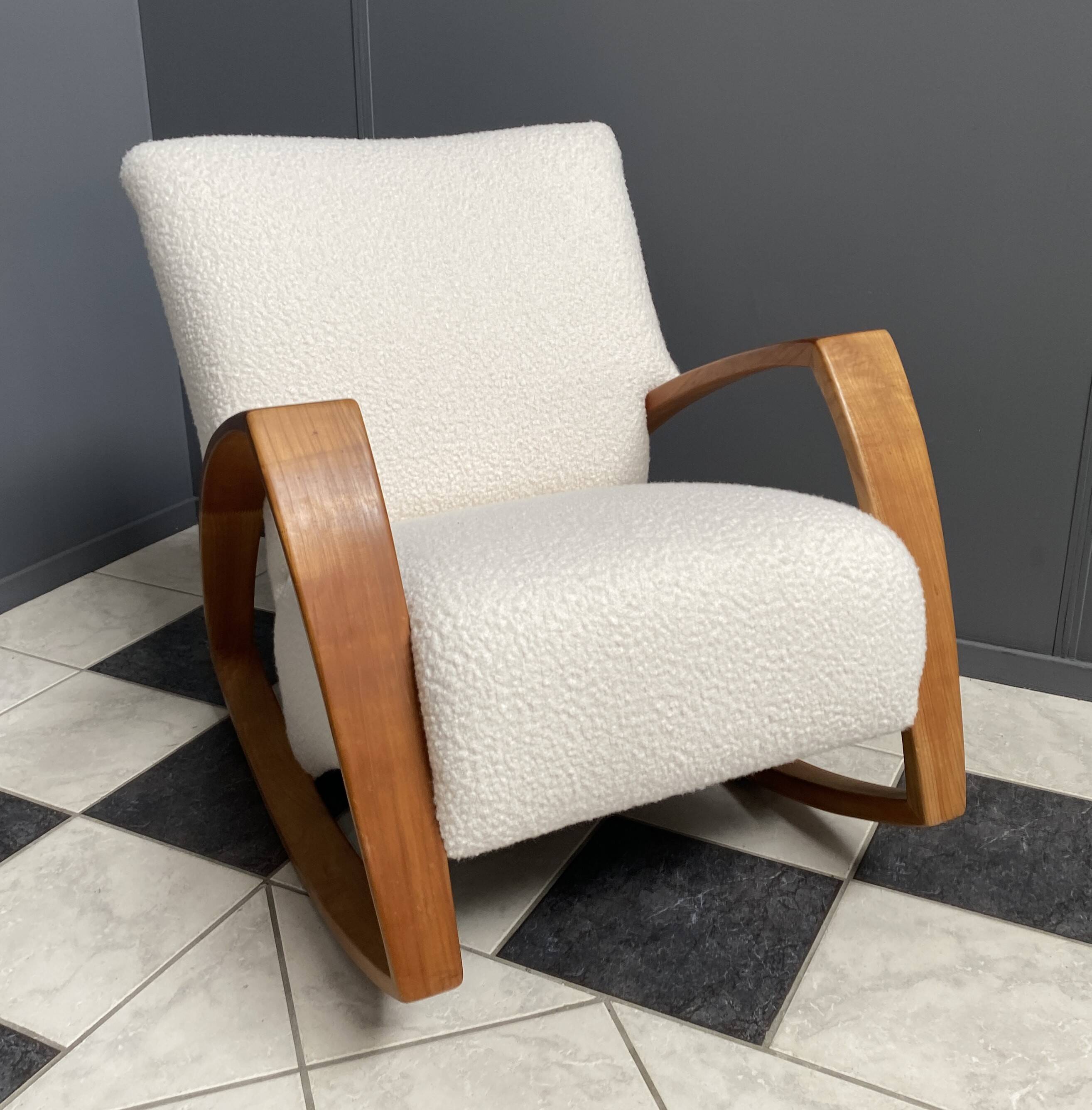 Large white boucle fabric rocking chair