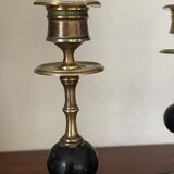 Old pair of candlesticks black marble and brass nineteenth