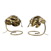 Hollywood regency set of 2 brass leaves table lamps, Bottega Gadda Italy, 1970s