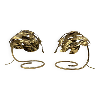 Hollywood regency set of 2 brass leaves table lamps, Bottega Gadda Italy, 1970s