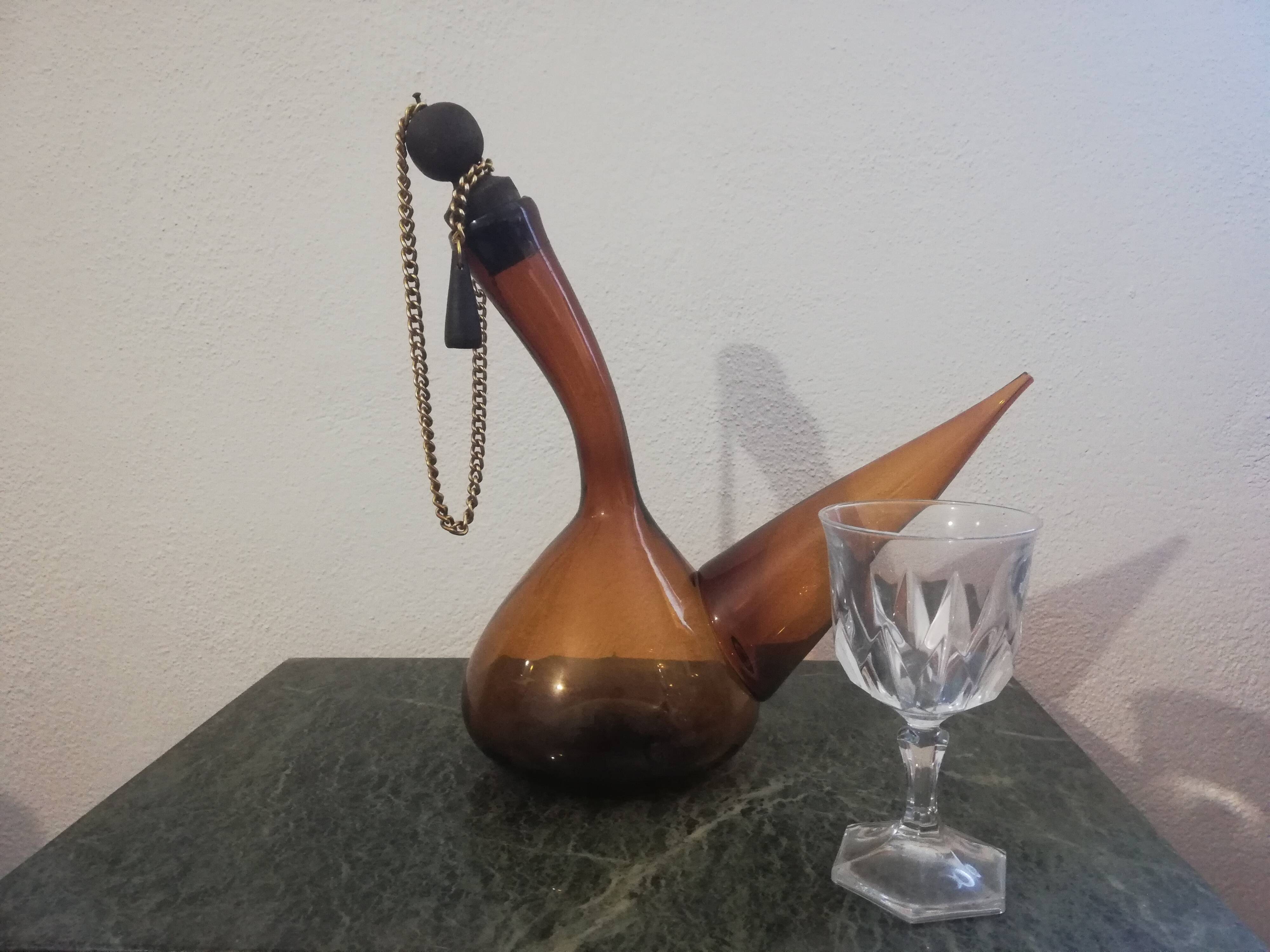 Vintage amber glass porron/vintage carafe/pitcher