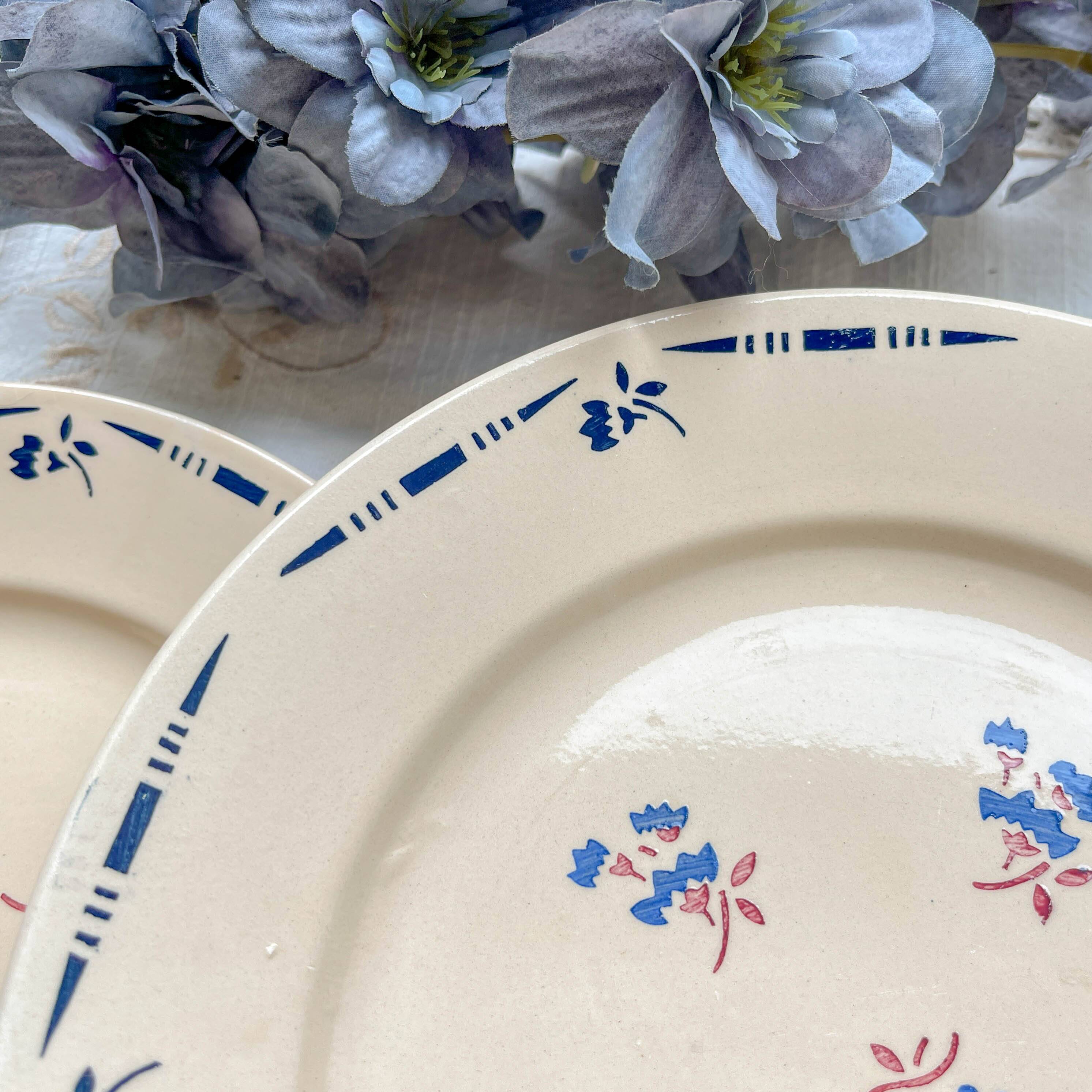 6 vintage K&G Luneville "Flore" porcelain dinner plates, 1950s, small blue flowers
