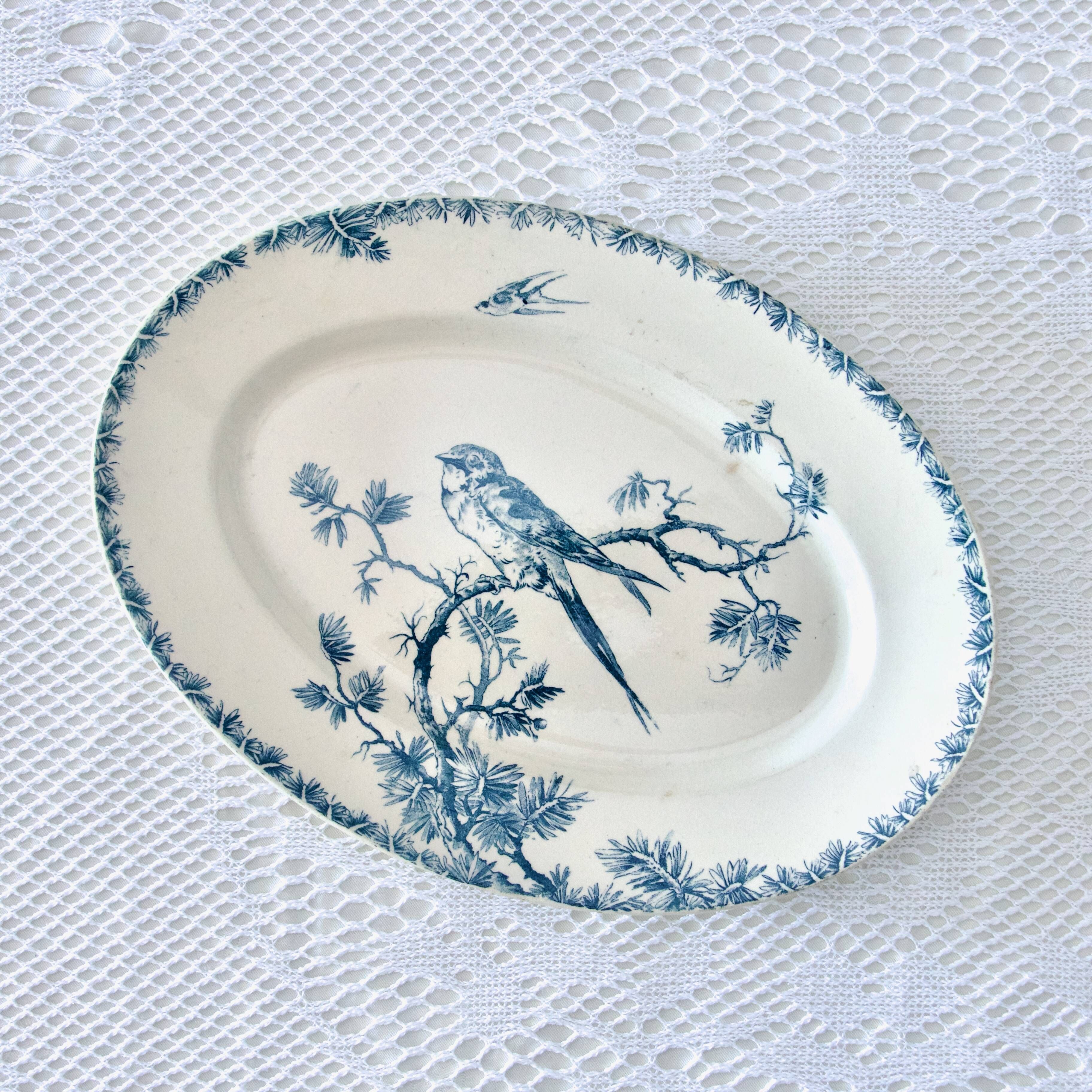 Oval dish 19th century Gien iron earth "Provençal" birds swallows