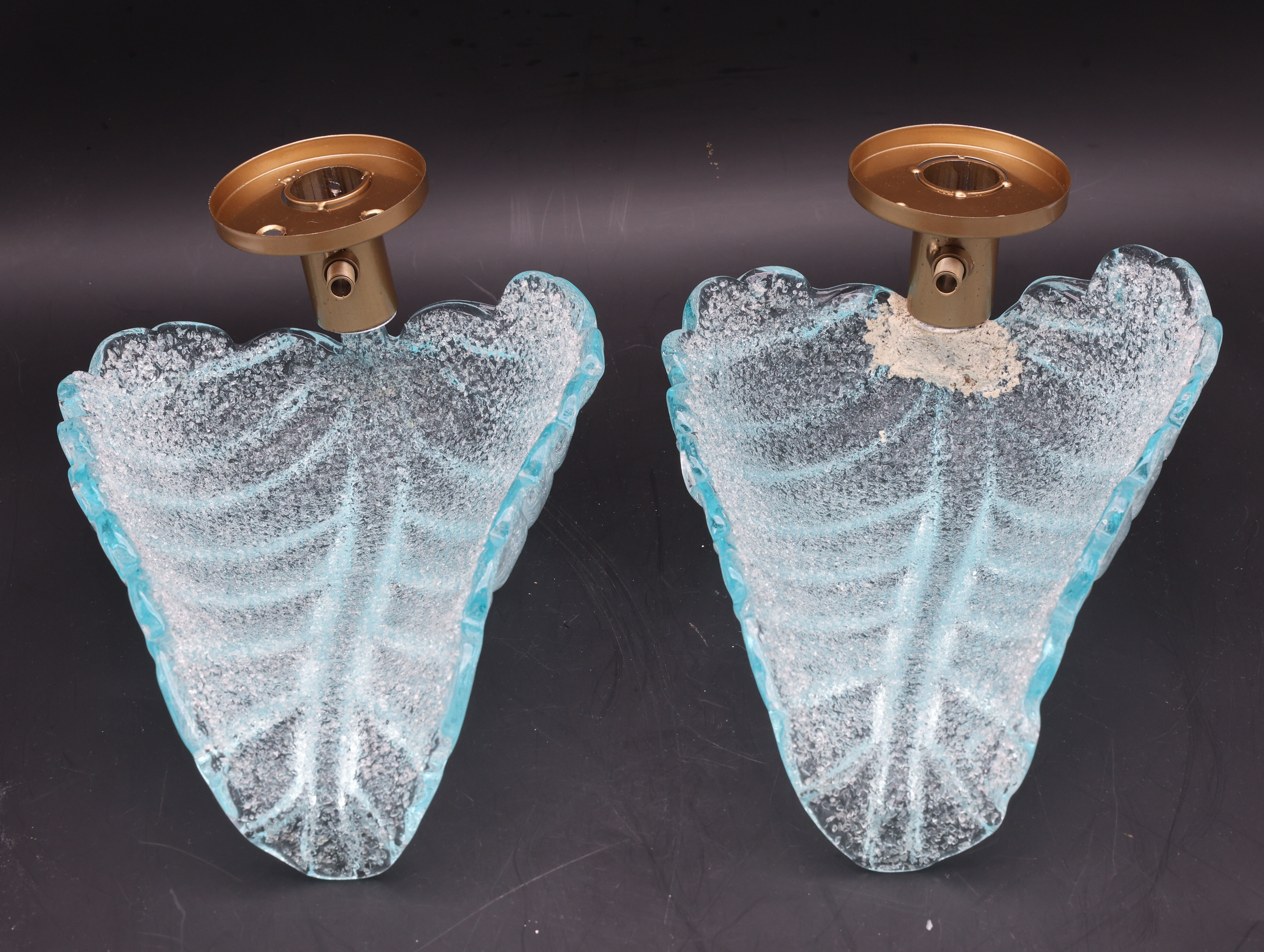 Set of 2 Wall Light Blu colour Murano Glass Leave by Barovier e Toso, 1950s