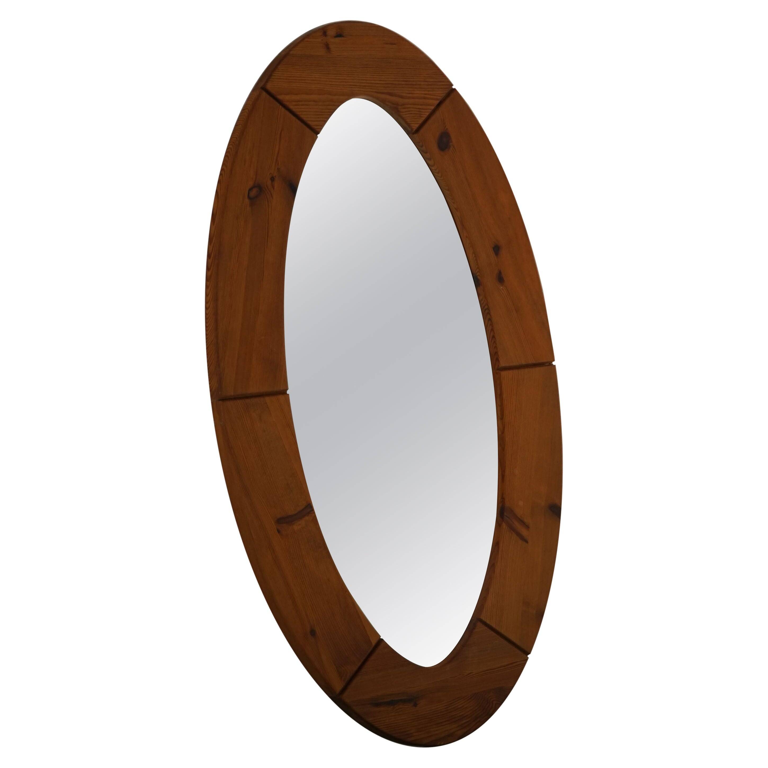 Large oval wall mirror in solid pine by Glasmäster Markaryd, Sweden, 1960s.