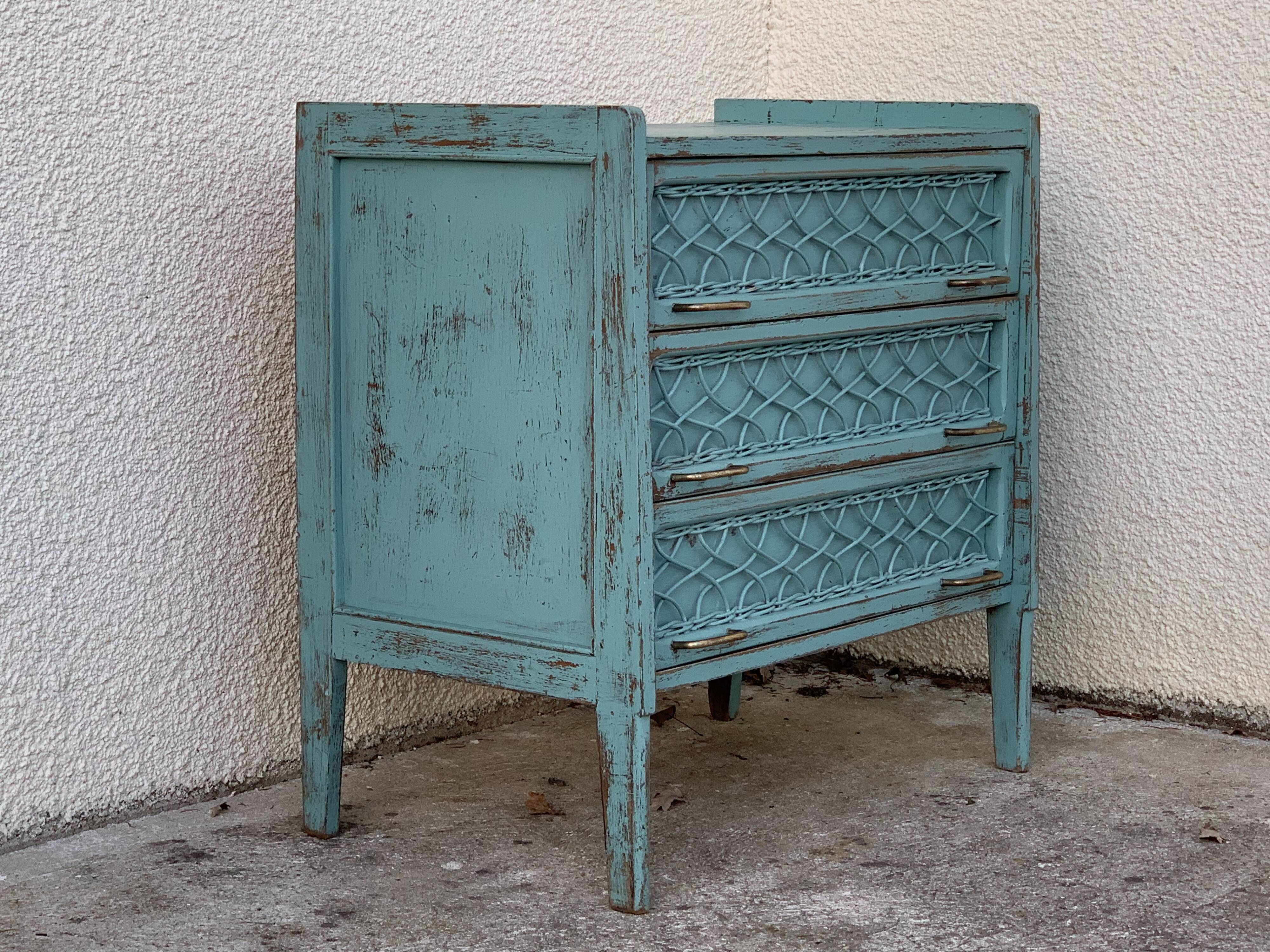 Vintage chest of drawers wood and rattan patina turquoise 1950