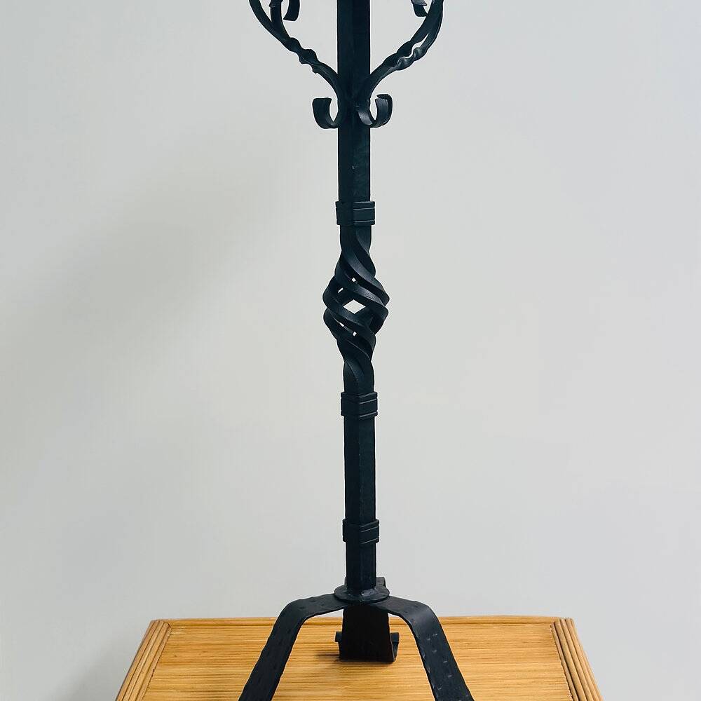 Hand-forged wrought iron candlestick stand, mid-20th century