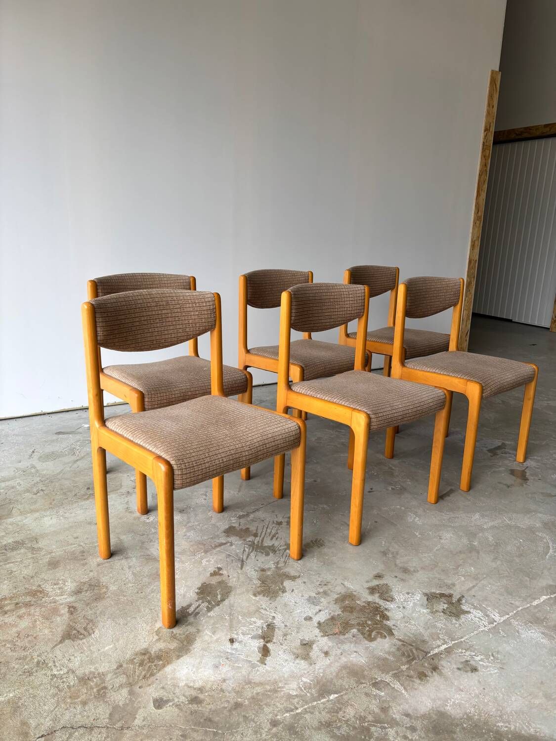 Set of 6 Self brand chairs in beech with wool seat