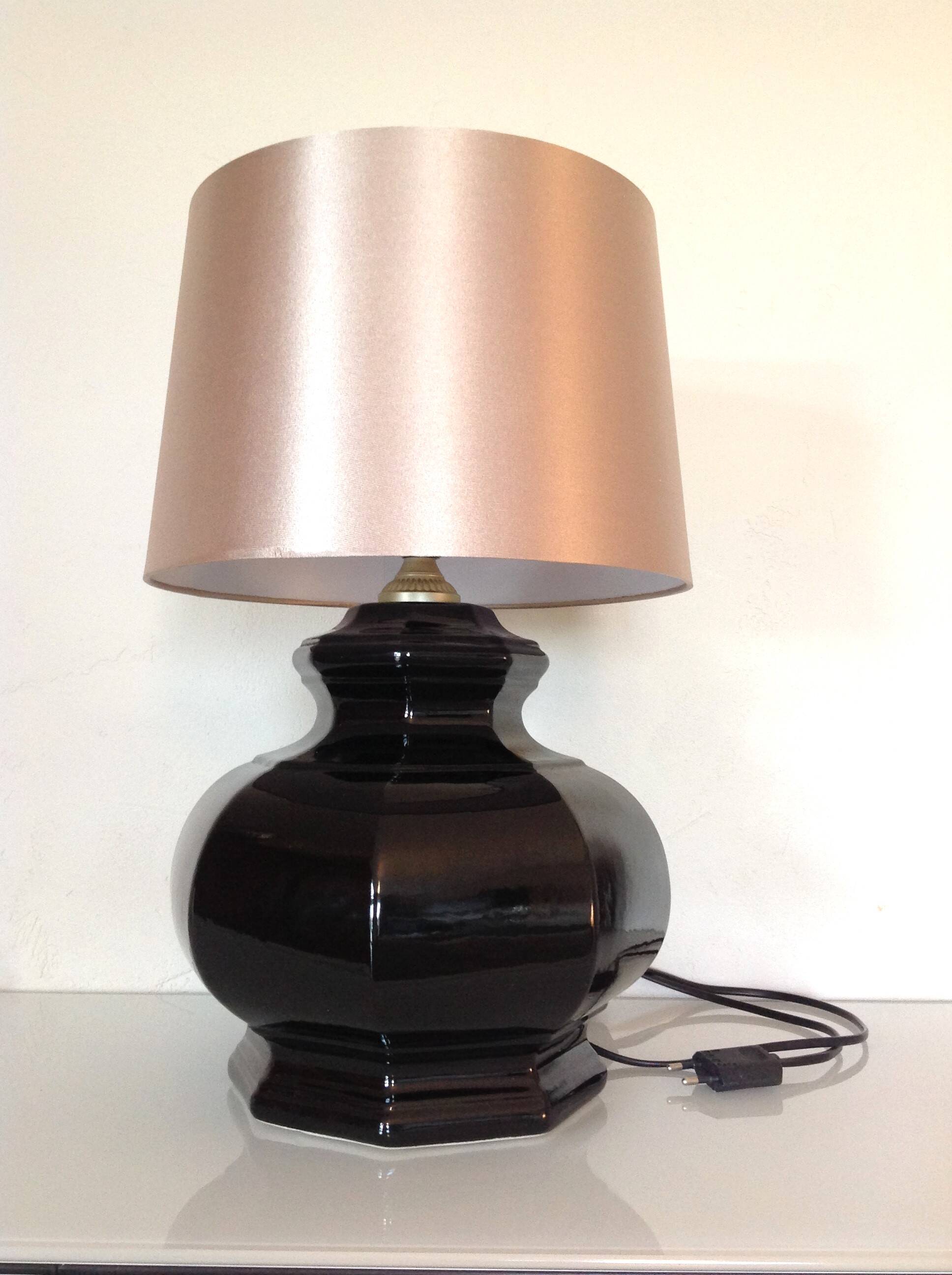 Octagonal black ceramic lamp and gold lampshade / vintage 70s