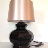Octagonal black ceramic lamp and gold lampshade / vintage 70s