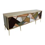 Mid-Century Modern Style Solid Wood Colored Glass and Brass Italian Sideboard