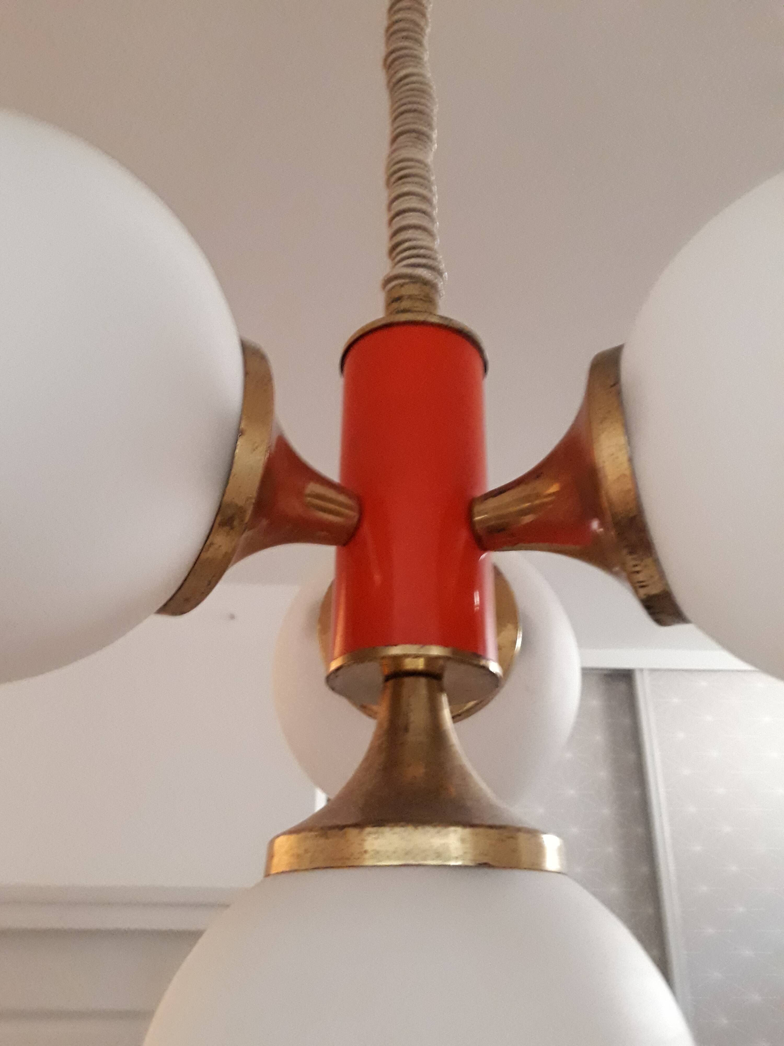 Chandelier 4 lights brass painted metal and opaline circa 1960